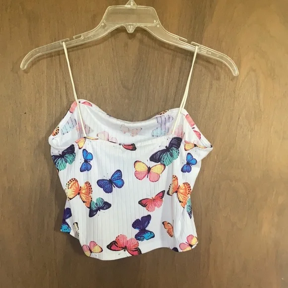 3/$12 Rue21 top ribbed butterfly print crop top cropped spaghetti straps L jrs - Picture 7 of 15